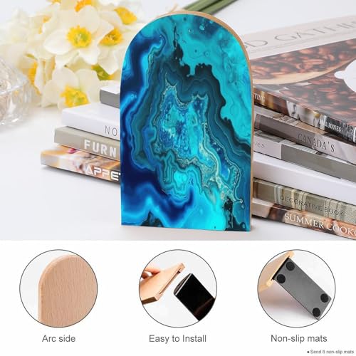 Bright Aqua Blue Turquoise Book Ends for Shelves Decorative Wooden Bookends Heavy Duty Non-Skid Book Stopper Modern Book Holder Cute Book Organizer for Home Office Library Desk Decor