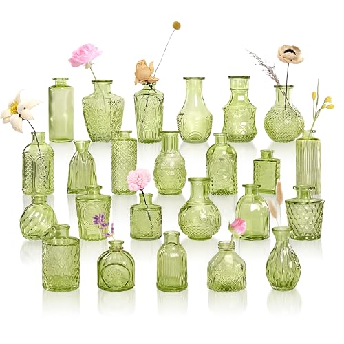 Embossed Bud Vases Set of 24, Vintage Flower Vase Green Glass Mini Vases for Centerpieces, Decorative Small Vase Bulk for Flowers, Wedding Table Decorations, Party, Baby Shower, Home Decor, - color: Green, size: Set of 24 Vases