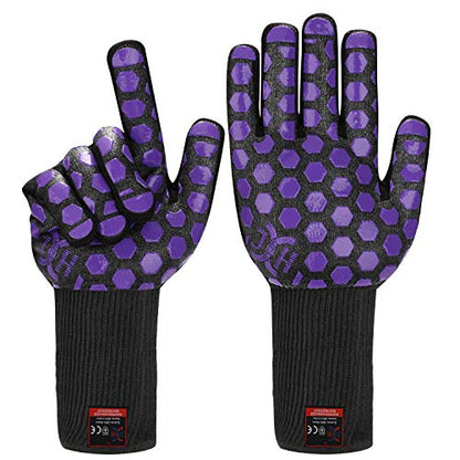 J H Heat Resistant Oven Glove:EN407 Certified 932 °F, 2 Layers Silicone Coating, Oven Mitts for Cooking, Kitchen, Fireplace,Camping, Grilling (Black/Purple, Extra Long Cuff) - color: Black/Purple, size: Extra Long Cuff