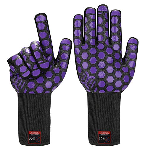 J H Heat Resistant Oven Glove:EN407 Certified 932 °F, 2 Layers Silicone Coating, Oven Mitts for Cooking, Kitchen, Fireplace,Camping, Grilling (Black/Purple, Extra Long Cuff) - color: Black/Purple, size: Extra Long Cuff