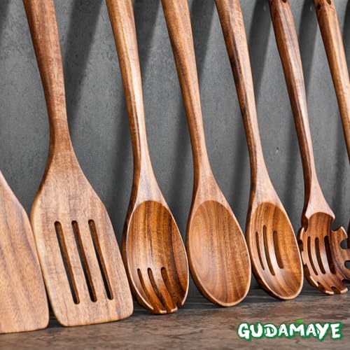 Gudamaye 13 inch Long Wooden Spoons for Cooking, 9 PCS Natural Teak Wooden Kitchen Utensil Set with Utensils Holder Made of Australia Camphor Laurel Wood，Wooden Utensils for Cooking - size: 10 PCS Long Handle with Holder