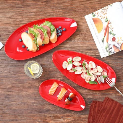 vicrays Large Oval Serving Platters, 16"/14"/10" Porcelain Serving Platters for Party, BBQ,Stackable Serving Trays Serving Plates for Appetizers, Sushi, Restaurant, Dessert, Set of 3 (Red) - color: Red