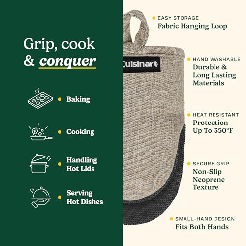Cuisinart Mini Oven Mitts, 2-Pack, Neoprene Grip, Heat Resistant 350F | Cotton-lined, non-slip neoprene palm, ambidextrous design, ideal for smaller hands and everyday cooking - color: Taupe