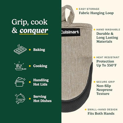 Cuisinart Mini Oven Mitts, 2-Pack, Neoprene Grip, Heat Resistant 350F | Cotton-lined, non-slip neoprene palm, ambidextrous design, ideal for smaller hands and everyday cooking - color: Taupe