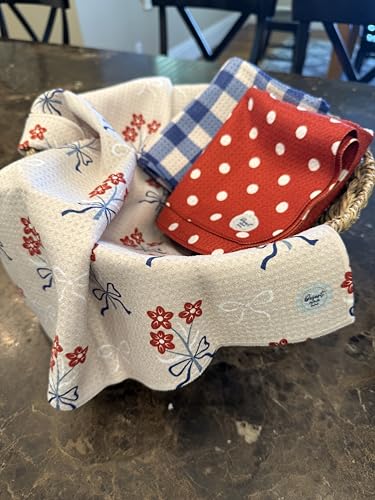 Kitchen Towels, Dish Towels for Kitchen, 3 Pc Kitchen Towel Set | Microfiber Waffle Towels, 16 x 26 inches, with Hanging Loops, Reusable Tea Towels, Cute Kitchen Towels - 3 Pack - color: Red/White/Blue