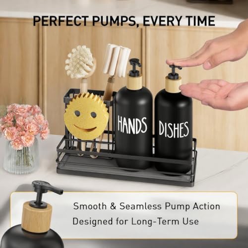 Moforoco Kitchen Dish Soap Dispenser Set, 16OZ Glass Bottle, Hand and Dish Soap Dispenser Set, Instant Dry Tray, Brush Holder with Smiley Face Sponge Holder (Black Tray+Black Bottle) - color: Black Tray+black Bottle