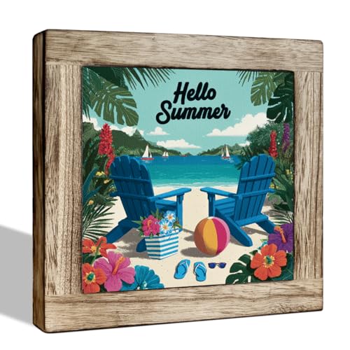 Hello Summer Wooden Sign – Vibrant Beachy Decor for Home, Office & Porch, Colorful Rustic Summer Sign for Table, Desk & Shelf, Coastal-Themed Decoration - color: Summer 22
