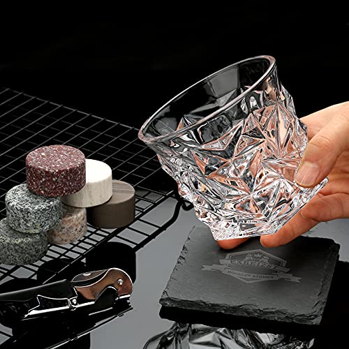 Whiskey Stones Gift Set, 2 Large Crystal Whiskey Glasses in Wood Gifts Box | 6 Granite Scotch Chilling Rocks, Tongs & Velvet Pouch, Best Gifts for Men Dad Husband Him Christmas Birthday Holiday Present - style: Diamond Glasses+Round Stones