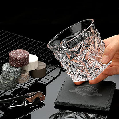 Whiskey Stones Gift Set, 2 Large Crystal Whiskey Glasses in Wood Gifts Box | 6 Granite Scotch Chilling Rocks, Tongs & Velvet Pouch, Best Gifts for Men Dad Husband Him Christmas Birthday Holiday Present - style: Diamond Glasses+Round Stones