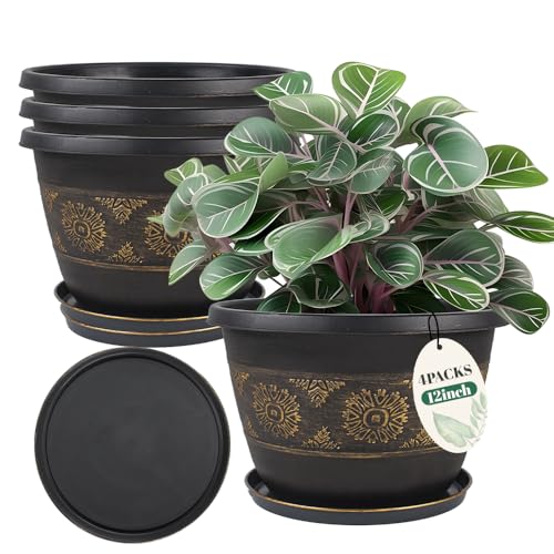 12 Inch Retro Plant Pots 4 Pack with Drainage and Saucers Gold | Gold retro PP pots with drainage holes and saucers for flowers pothos aloe herbs patios porches gardens and entryways - color: Gold, size: 12 Inches-4 packs