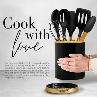 Styled Settings Black and Gold Kitchen Utensils Set with Holder, 8-Piece | Heat Resistant, Nonstick, Black Silicone Cooking Utensils Set, Ceramic Utensil Holder & Stackable Gold Spoon Rest - color: 8PC Black & Gold
