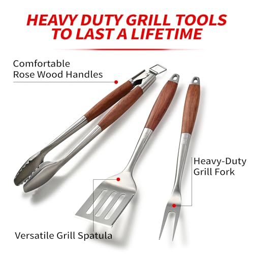 GRILAZ Heavy-Duty Rose Wooden BBQ Grilling Tools Set. Extra Thick Stainless Steel Multi-Function Spatula, Fork & Tongs | Essential Accessories for Barbecue & Grill. Ideal Gift for Father…
