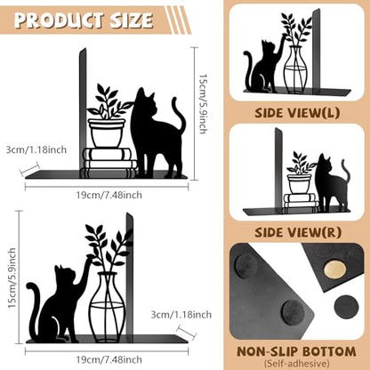 Metal Bookends Cat and Vase Book Ends for Shelves | Cat Bookends Decorative Unique Desk Bookend Black Non-Skid Book Stopper for Home Reading Bookshelf Decor Book Lovers Gift - style: Cat and Vase