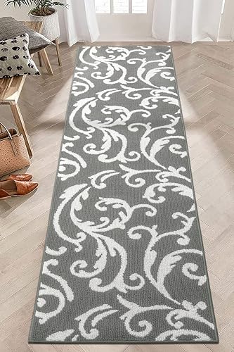 Hallway Runner Rug Non Slip Rubber Backing, 26 inch x 8 ft, Scroll, Grey & White, Heavy Duty Berber Style Carpet Runner for Entryway, Kitchen, Bathroom, Bedroom, Laundry Room. - color: Scroll Grey, size: 8 Foot Long Runner Rug