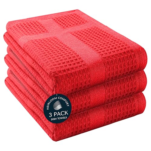 3 Pack Red Waffle Weave Kitchen Towels, 16x26 Inch, 100% Cotton, Absorbent Dishcloth Set, Quick Drying, Durable for Cleaning, Wiping, Drying Dishes, Machine Washable Dish Towel, Red - color: Red, style: 3 Pack
