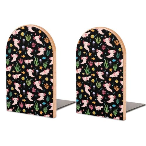 2 Pcs Wood Book Ends for Shelves Metal Base Bookends Holders, Sea Cute | Axolotl, Decorative Book Stopper, Heavy Duty and Non-Skid, Support for Magazines, Books, DVDs - color: Style(518)