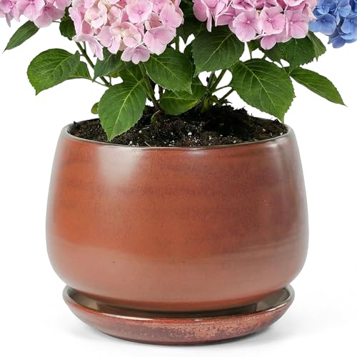 10.3 Inch Flower pots for Indoor Outdoor Plants with Saucer Drainage Leak-Proof Mesh, Ceramic Planter with Gardening Gloves for Succulent and Flower (Iron-red) - color: Iron-red, size: 10.3 Inch