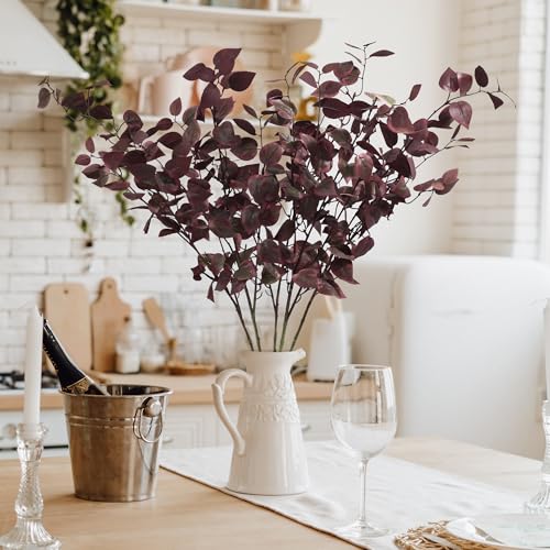 5PCS Artificial Fall Eucalyptus Leaves Stem Plants, 32.7 inch Fake Leaves Autumn Greenery Branches Burgundy Shrubs Silk Faux Foliage DIY Stems for Thanksgiving Festival Home Kitchen Farmhouse - color: Burgundy