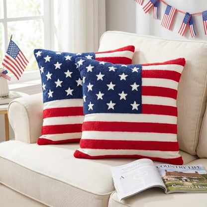 Patriotic American Flag Pillow Covers Set of 2 18x18, Chenille - color: Red, White, Blue, size: 18" x 18" (Pack of 2)
