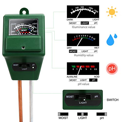 Soil Ph Tester, 3-in-1 Soil Test Kit for Moisture/PH/Light, Soil Moisture Meter for Plants Indoor Outdoor, Plant Hygrometer Water Testing Probe Sensor Analyzer Detector for Lawn Farm Gardening Tools