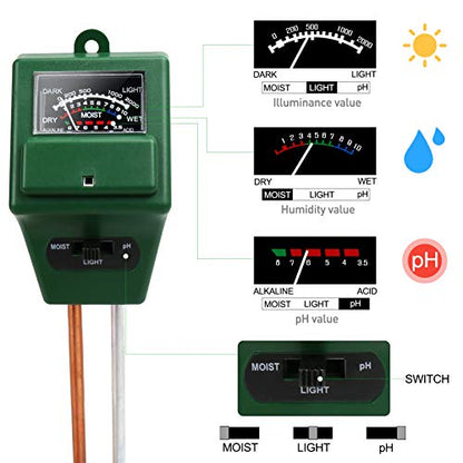 Soil Ph Tester, 3-in-1 Soil Test Kit for Moisture/PH/Light, Soil Moisture Meter for Plants Indoor Outdoor, Plant Hygrometer Water Testing Probe Sensor Analyzer Detector for Lawn Farm Gardening Tools