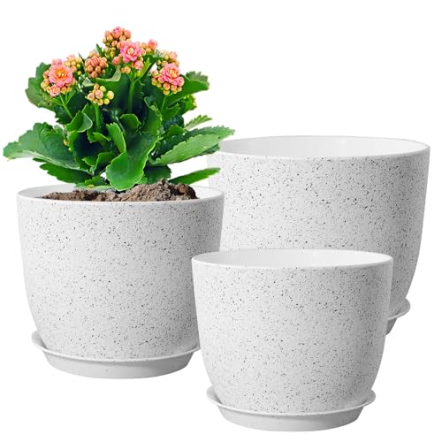 WSMKSZ 10/9/8 inch Medium Plant Pots, Set of 3 Modern Decorative Plastic Planters with Drainage Holes and Saucers for Garden House Plants, Flower Pots for Indoor Outdoor Plants, Speckled White - color: Speckled White, size: 10"+9"+8"