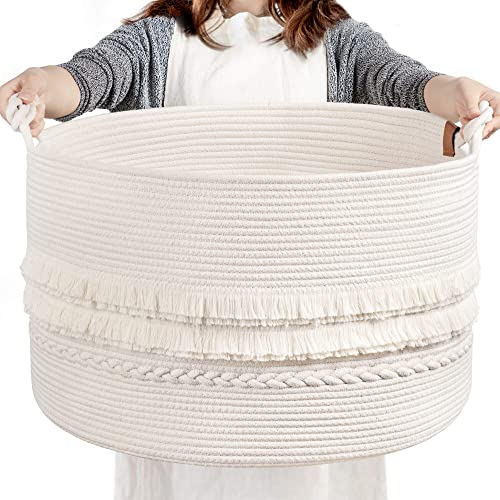 90L Large Woven Rope Blanket Basket with Tassel, 22" x 14", White | Boho Basket for Toys, Clothes & Pillows Storage, Fits Bedroom Living Room Home Décor, Laundry Hamper with Knotted Handles - color: Off-white, size: 83L (22"W x 14"H)