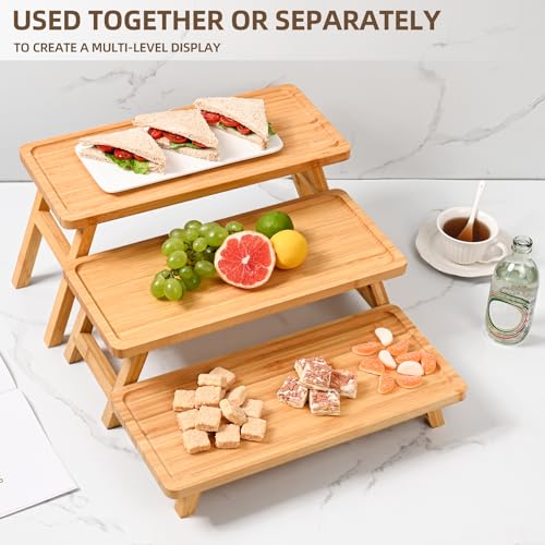 GEHE Natural Bamboo Cupcake Stand, Foldable 3 Tier Cupcake Display Stand Tower, Dessert Table Serving Tray for Birthday/Wedding/Christmas/Party, Charcuterie Boards - color: Bamboo Color