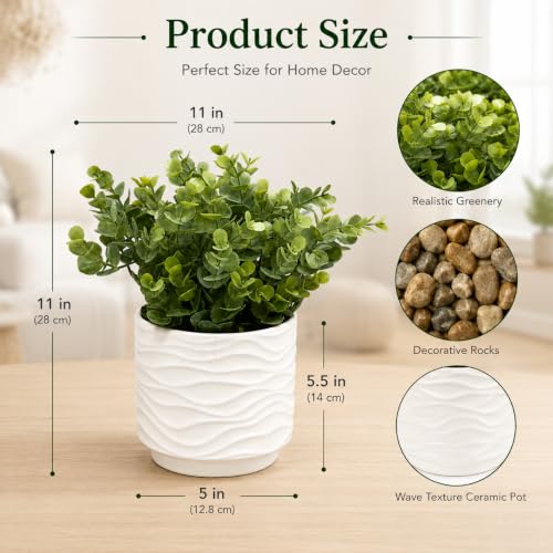 Artificial Eucalyptus Plant, 11" Faux Greenery in Ceramic Pot | Realistic leaves, ceramic pot, for shelf, desk, bathroom, office, bedroom, and living room decor