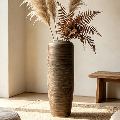 Brown Rustic Ceramic Floor Vase, 24 Inch, Ribbed Texture | Living Room, Entryway, Fireplace, Pampas Grass, Dried Branches - size: 23.6 Inch
