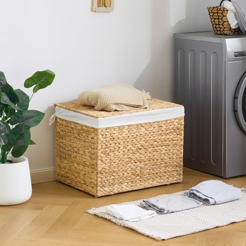 Water Hyacinth Storage Basket with Lid, 31.7 Gallon (120L) Wicker Shelf Basket with Removable Liner, Wicker Storage Basket for Blanket, for Livingroom, Bedroom, Natural - size: 23.62"L x 17.72"W x 17.72"H