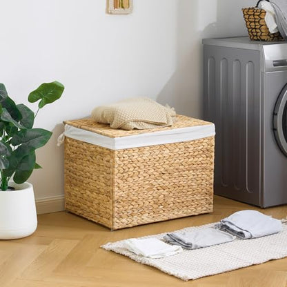 Water Hyacinth Storage Basket with Lid, 31.7 Gallon (120L) Wicker Shelf Basket with Removable Liner, Wicker Storage Basket for Blanket, for Livingroom, Bedroom, Natural - size: 23.62"L x 17.72"W x 17.72"H