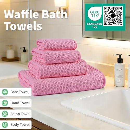 MICROFI Waffle Weave Bath Towel Set, Microfiber, 4 Pieces (Body/Hair/Hand/Face), Quick Dry, Lightweight, Super Absorbent, Lint Free, 380 GSM (Pink) - color: Pink