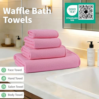 MICROFI Waffle Weave Bath Towel Set, Microfiber, 4 Pieces (Body/Hair/Hand/Face), Quick Dry, Lightweight, Super Absorbent, Lint Free, 380 GSM (Pink) - color: Pink