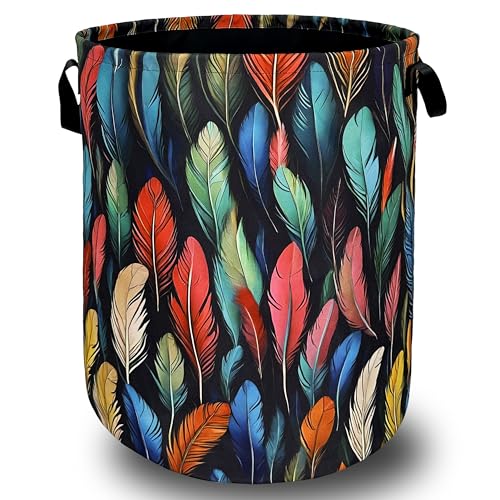 Feathers Laundry Basket Oxford Cloth Foldable Hamper 18.9x16.5 Inch | Colorful Feather With Handle Tote Bag Laundry Hamper Clothes Storage Bucket Toy Organizer For Bathroom/Laundry/Bedroom - color: Colorful Feathers