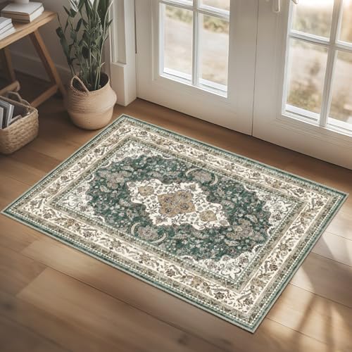AooHHooA 2x3 Washable Entryway Rug Green, Soft Stain Resistant 2x3 Boho Rug Vintage Small Rugs for Entryway, Low Pile Lightweight Non-Slip Indoor Door Mat Small Rugs for Bedroom Bathroom - color: Green, size: 2' x 3' (Rectangular)