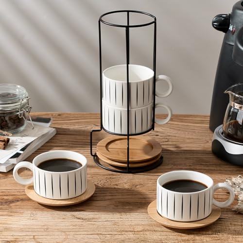 LUKA 6 Ounce Porcelain Stackable Espresso Cups with Saucers and Metal Stand Set of 4, Ceramic Cappuccino Cups Set for Specialty Coffee Drinks, Latte, Cafe Mocha and Tea, Stripes, White - color: Stripes