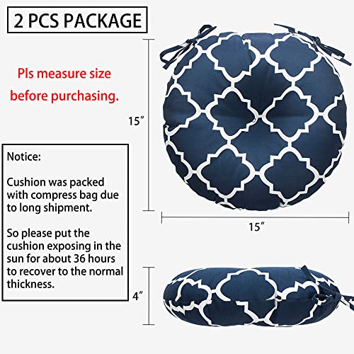 Magpie Fabrics Outdoor Round Bistro Seat Cushions with Ties, 15"x15"x4" Set of 2, Tufted Waterproof Barstool Chair Pads for Patio Home Garden Office, Geomentry Navy - color: Geomentry Navy