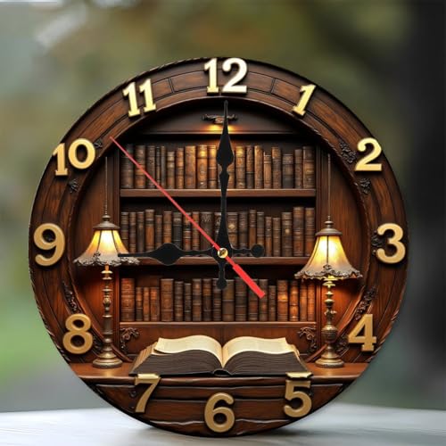 Antique Bookcase Library Clock Wall Clock Vintage Style Home Decor 10-Inch Wooden Wall Clock, Silent Movement, Perfect for Living Room Bedroom Bathroom Home Decor - color: Bookcase, size: 10x10inch(25x25cm)