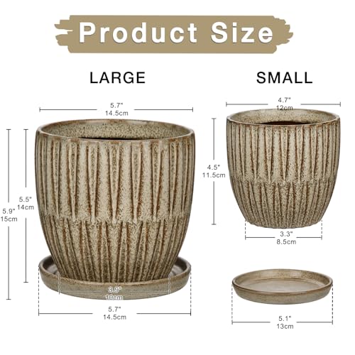 Oairse Ceramic Pots for Indoor Plants, 4.7 +5.7 inch Pots for Plants Set of 2 Brown Plant Pots with Drainage Holes and Saucers Texture Ceramic Planters Indoor Outdoor Flower Pot for Succulent - style: Conical Shaped