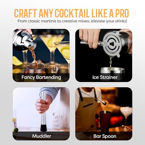 Cocktail Shaker Set Bartender Kit with 10 Bar Tools & Bamboo Stand – Martini Shaker, Jigger, Strainer, Muddler, Mixer Spoon, Pourers – Home Bar Set & Gift for Men (Silver)