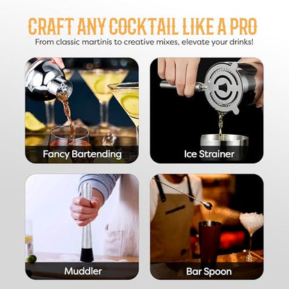 Cocktail Shaker Set Bartender Kit with 10 Bar Tools & Bamboo Stand – Martini Shaker, Jigger, Strainer, Muddler, Mixer Spoon, Pourers – Home Bar Set & Gift for Men (Silver)