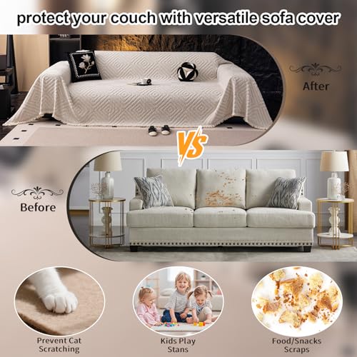 ROOMLIFE Couch Cover 3 Cushion Sofa, Washable Non Slip Furniture Sofa Protector Cover, Soft Chenille Sofa Slipcovers Sectional L Shape Dogs Couch Cover Throw Blanket with Tassels 71''X118'' - color: Hg01#beige, size: Large（71*118IN）