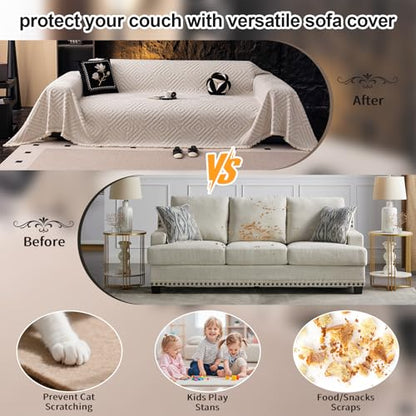 ROOMLIFE Couch Cover 3 Cushion Sofa, Washable Non Slip Furniture Sofa Protector Cover, Soft Chenille Sofa Slipcovers Sectional L Shape Dogs Couch Cover Throw Blanket with Tassels 71''X118'' - color: Hg01#beige, size: Large（71*118IN）