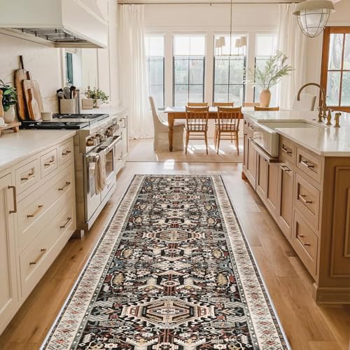 Washable Kitchen Runner Rug 2'6''x12' - Non-Slip Hallway Entryway Rugs with Rubber Backing Soft Thin Carpet for Bathroom Vintage Stain Resistant Indoor Home Decor Mat for Bedroom (Black, 2'6'' x 12') - color: Black, size: 2'6" x 12' (Runner)