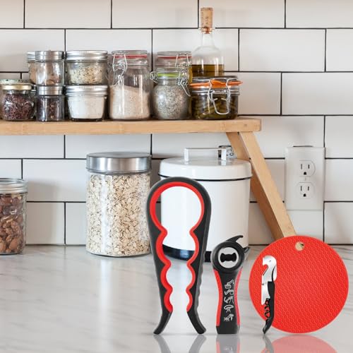 Bloss Jar Opener Can Opener Kitchen Grippers, Multi-use Lid Opener Set | Anti-skid Jar Openers for Weak hands, Seniors with Arthritis, Includes Non-slip Rubber Gripper Pad & Wine Opener, Black Red - color: Black Red-4pcs
