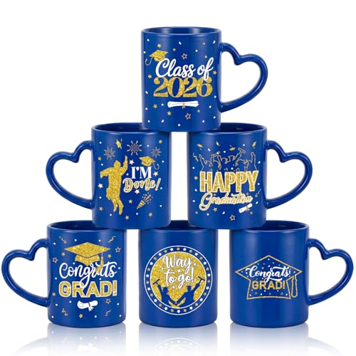 Pickmesh Graduation Coffee Mug Set of 6, 10oz Ceramic Coffee Cups with Heart-Shaped Handles, Navy Blue and Gold Class of 2026, Congrats Grad, Bulk Graduation Gifts for Party Favors - color: Blue, style: Graduation