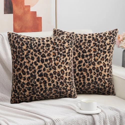 Cheetah Print Boucle Throw Pillow Covers 20x20 Inch | Set of 2 Soft Fuzzy Curly Textured Decorative Pillowcase, Leopard Pillows for Living Room Bedroom Stockholm Home Decor - color: Boucle Cheetah Print, size: 20" x 20" (Pack of 2)