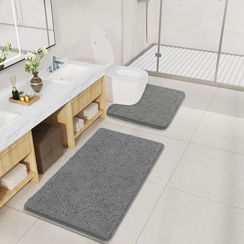 LOCHAS Bathroom Rugs Sets 2 Piece, 20''x20'' & 34''x21'', Light Grey | Non Slip U-Shaped Toilet Rug, Chenille Washable Absorbent, Soft Bath Mat Set for Shower, Sink - color: Light Grey