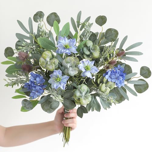 Serra Flora Artificial Greenery Stems Box Set,(Pack of 44pcs) with 9 Kinds of Faux Pink Green Filler for DIY Bridal Bouquets Wedding Floral Arrangement Table Centerpieces - color: Green&blue